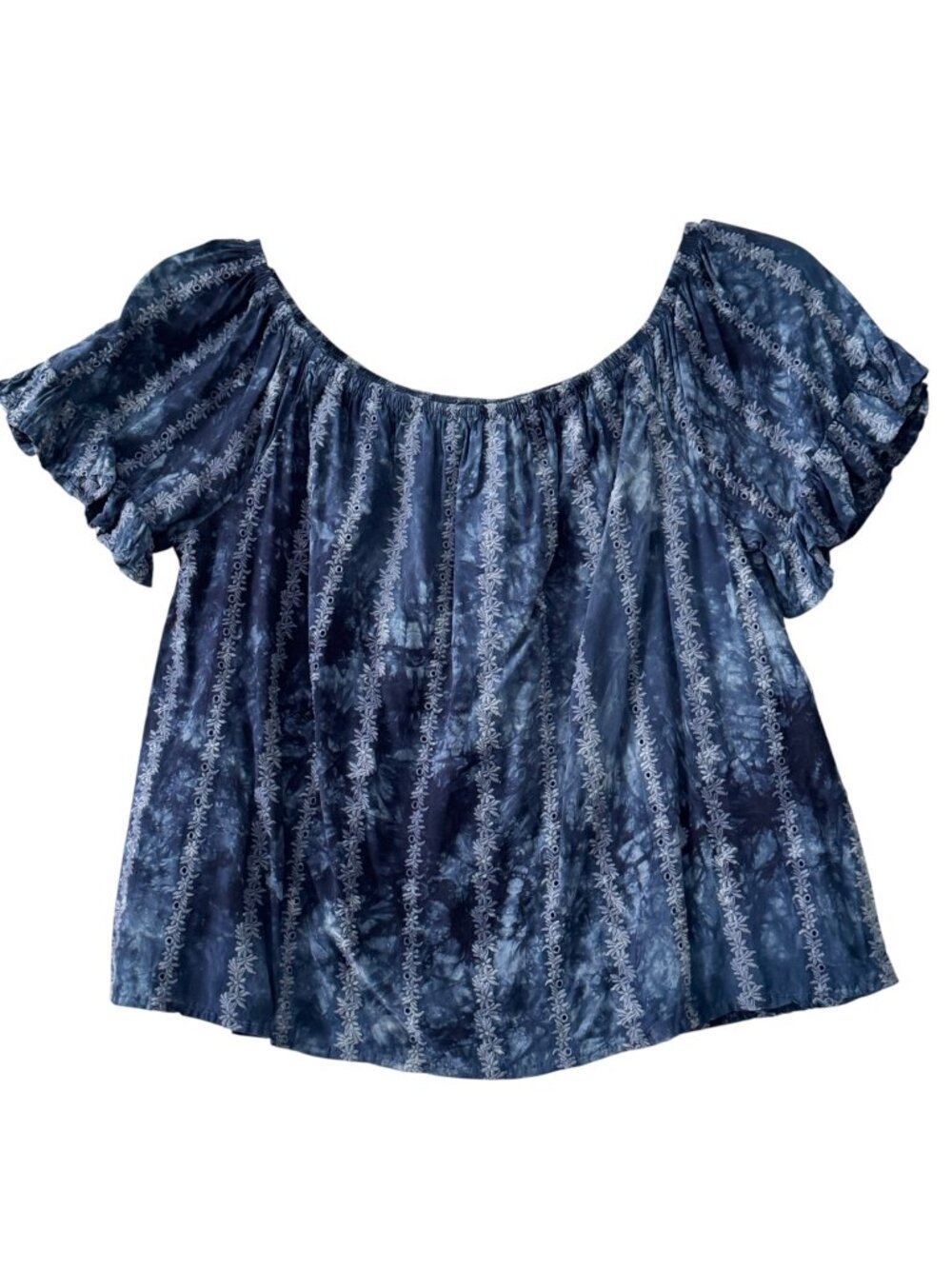 Blue Boho Women's M Blouse Peasant Short Ruffle Sleeves Indigo Tie Dye Eyelet